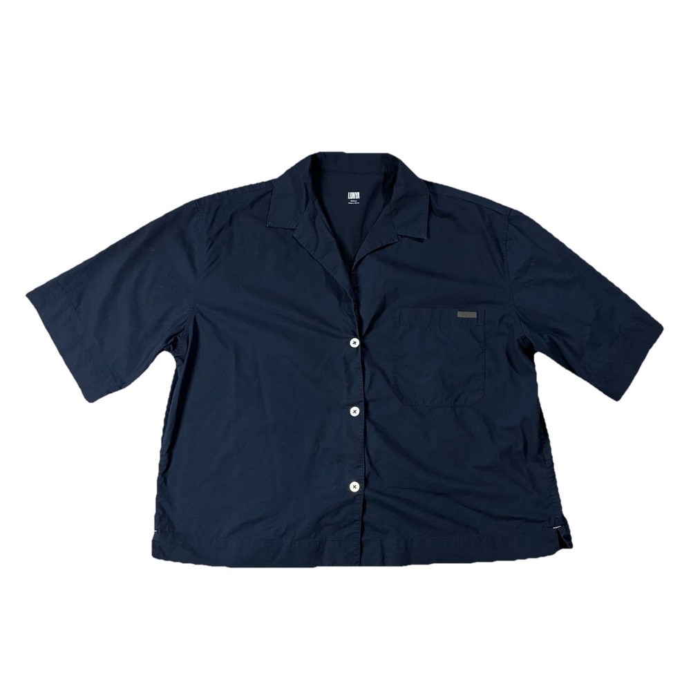 Lunya Airy Cotton Button Up Short Sleeve Sleep Shirt Navy Women's M Quiet Luxury